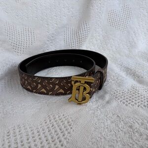 Burberry Brown Monogram Leather Belt with Gold Buckle